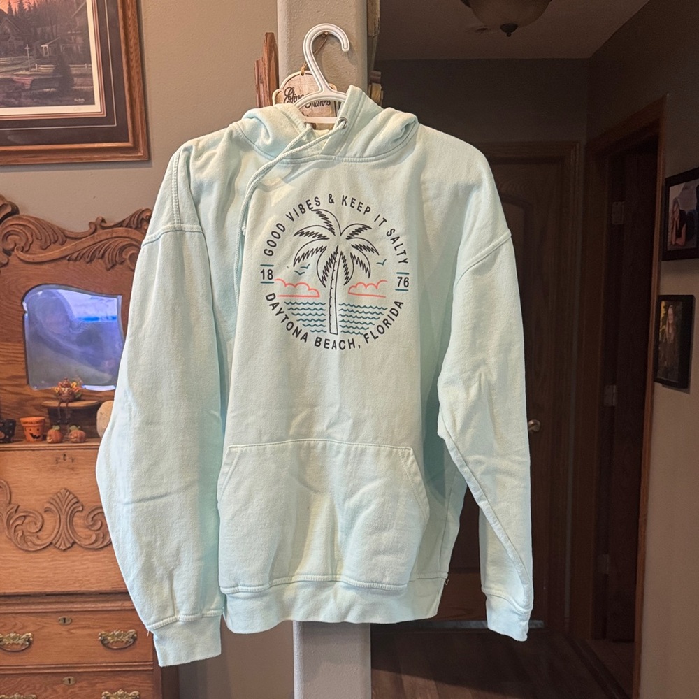 Mint Green Hoodie with Palm Tree Design